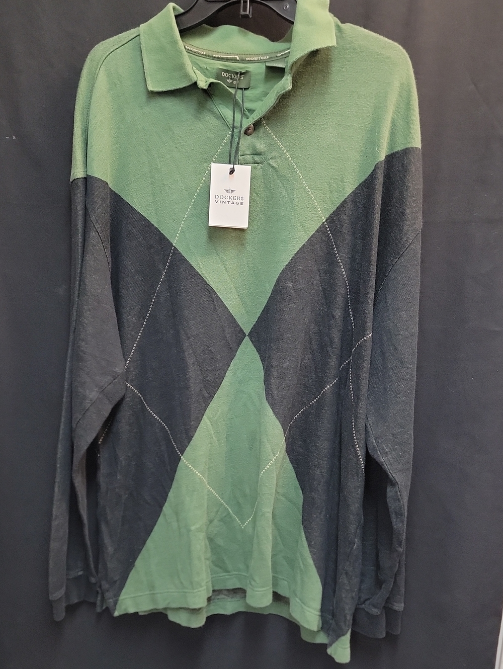 Dockers Green and Charcoal Argyle Long-Sleeve Polo